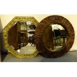 Two vintage mirrors one brass framed octagonal one carved wood surround circular