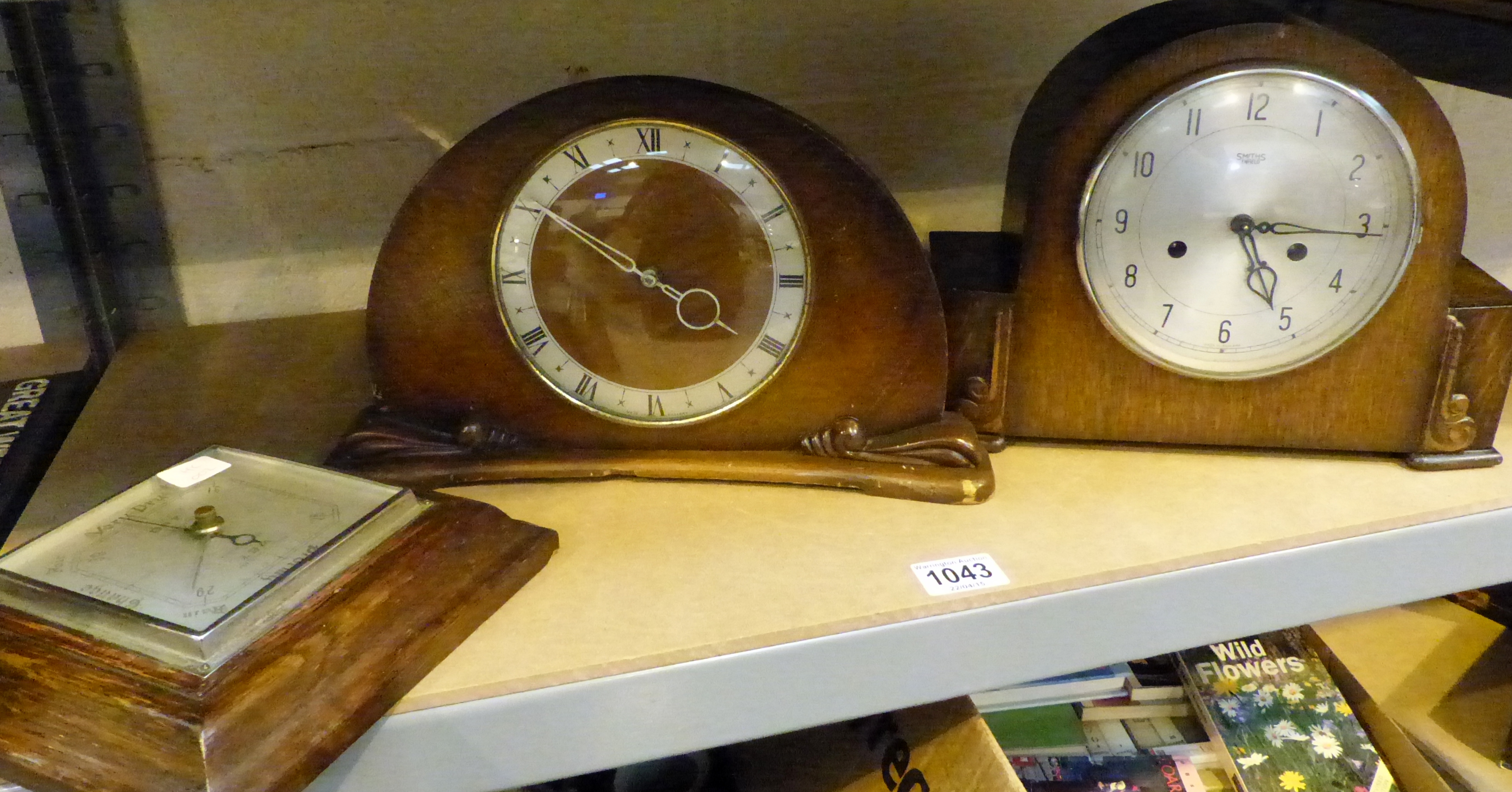 Two antique wooden mantel clocks and barometer