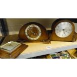 Two antique wooden mantel clocks and barometer