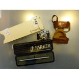 Boxed stainless steel Parker pen and Japanese miniature camera