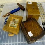 Tray of treen items including a money box