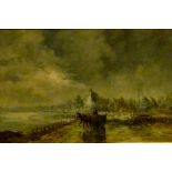 Gilt framed Dutch oil painting on canvas depicting beach scene.