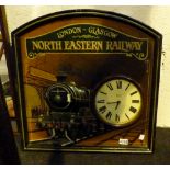 Clock in the form of a railway picture advertisement for North Eastern Railway