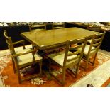 Large oak drawleaf refectory dining table with six ladder back dining chairs including two carvers.