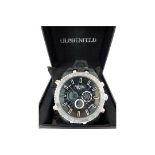 New boxed Globenfeld black faced multi dial stainless steel wristwatch, black and chrome strap.