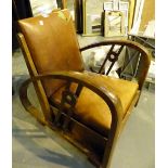 Leather upholstered library chair with carved wooden arms