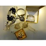 Box of mixed costume jewellery including a boxed as new Lauren Lee compact
