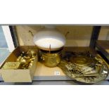 Shelf of good brass items including candle sticks etc