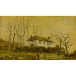 Framed oil painting of a house and woods by C D Taylor, 1970.