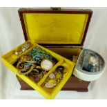 Wooden jewellery box with silver and costume jewellery contents.