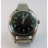 Gents stainless steel HMT Jawan 17 jewel parashock black faced wristwatch on stainless steel strap