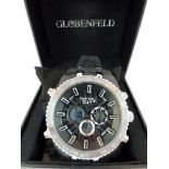 New boxed Globenfeld black faced multi dial stainless steel wristwatch, black and chrome strap.