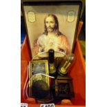 Box of Catholic religious items including jewellery