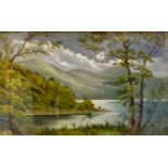 Oil on board moon lit lake scene monogram SB 1902