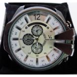 White faced multi-dial V6 super speed gents fashion wristwatch with black leather strap.