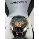 New boxed Globenfeld black faced multi dial stainless steel wristwatch, black and chrome strap.