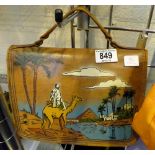 Egyptian leather handbag with coloured scenic panel