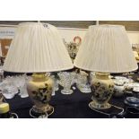Masons Ironstone Chartreuse pattern pair of table lamps with shades.