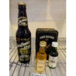 Jack Daniels presentation miniatures tin, bottle of Jack Daniels Amber lager beer,