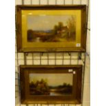 Two oil on board antique country scene pictures,