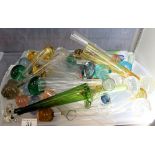 Tray of glass bubble bottom bud vases in various colours