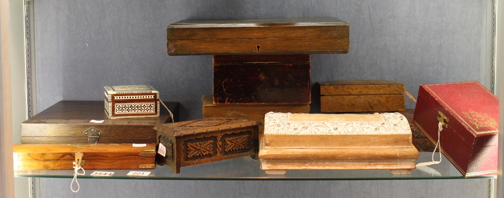 Shelf of various wooden boxes