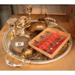 Tray of mixed silver plate and brass items including glass covered part hole ashtray