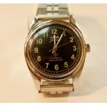 Gents stainless steel HMT Jawan 17 jewel parashock black faced wristwatch on stainless steel strap