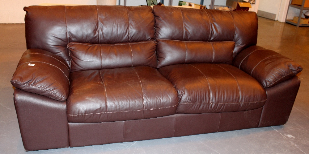 Large brown leather three seater settee