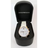 Emporio Armani gents watch, chronograph with white face and ceramic strap.