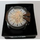 White faced multi-dial V6 super speed gents fashion wristwatch with black leather strap.