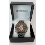 Globenfeld black faced chronograph watch with black strap.