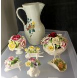 Radford floral jug and six china flower baskets