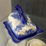 Large blue and white cheese dish and cover