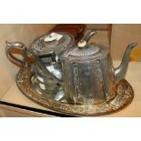 Two silver plated Victorian style teapots on matching silver plated tray
