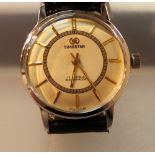 Gents vintage Timestar 17 jewel stainless steel strap wristwatch on leather strap