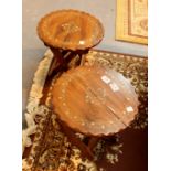 Pair of collapsible stained pine campaign tables inlaid with brass