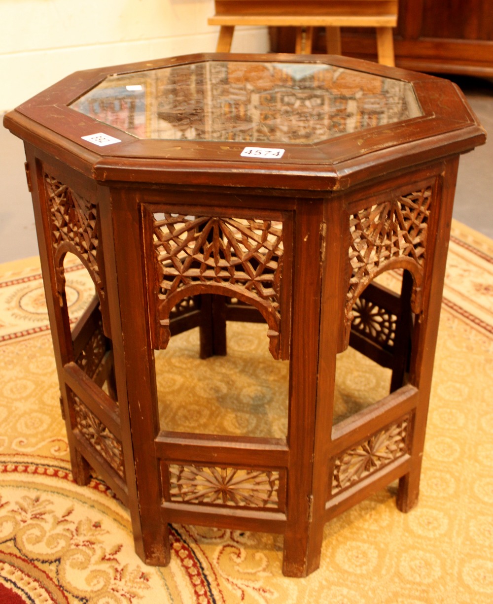 Brass inlaid glass topped pierced campaign table 60cm diameter