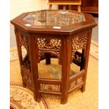 Brass inlaid glass topped pierced campaign table 60cm diameter