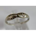 9 ct white gold I Love You ring with two small diamonds, size N. 1.