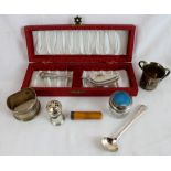 Quantity of hallmarked silver items including a miniature silver tyg.