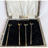 Set of four sterling silver cockerel headed cocktail sticks