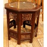 Brass inlaid glass topped pierced campaign table 60cm diameter