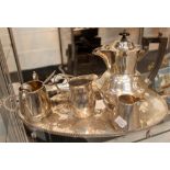 Silver plated tray and part tea set and hot water jug