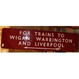 Enamel railway direction sign to Warrington,