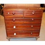 Victorian two short over three long chest of drawers, 106 x 50 x 108 cm with turned wooden legs.