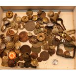 Box of metal detecting finds including railway buttons,