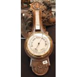 Arts & Crafts style banjo aneroid barometer thermometer carved wood surround glass A/F. 80 cm.