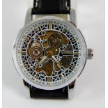 Automatic skeleton movement stainless steel gents wristwatch with leather strap