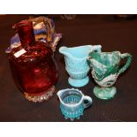 Cranberry glass water jug and three other pieces of good glass